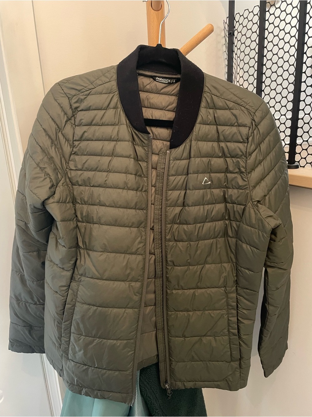 Paradox Olive Green Quilted Puffer Jacket with Black Collar